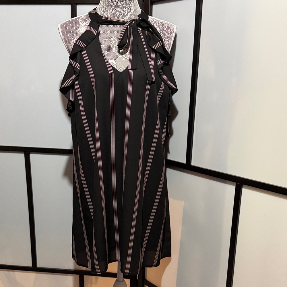 City Triangles Black Mini Dress with Pink Stripes